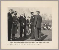 Photograph - Danish Crown Prince Frederik on the occasion of planting Sesquicentennial tree in front of Danebo April 22, 1939. Mr. Andrew N. Johnson, Danish Consul General, Minneapolis; Crown Princess Ingrid; Mr. Martin Nelson; Crown Prince Frederik; Mr. Christian A. Bossen