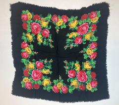 Black rayon scarf with colorful floral print, Alice Grover