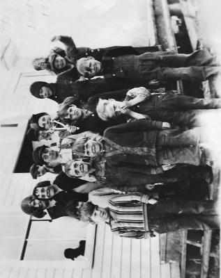 School Dist. 27, Students on School steps with Slingshots. 1930
