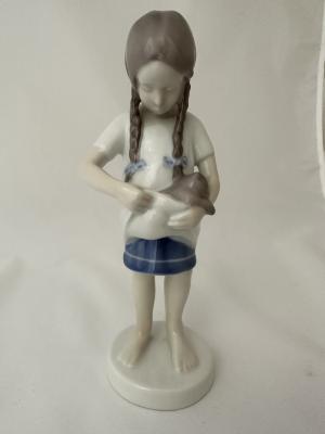 Sculpture - "Little Mother" young girl with cat in her arms