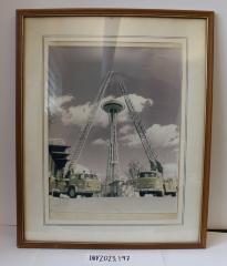 Framed Photograph of Two Firetrucks with the Seattle Space Needle 