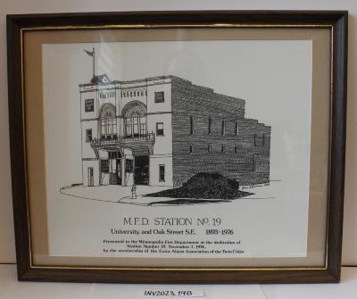 Framed Drawing of M.F.D. Station No. 19, University and Oak Street S.E. 1893-1976