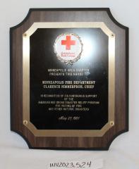 Award Plaque, American Red Cross Minneapolis (Minnesota) Area Chapter Recognition Award to the Minneapolis (Minnesota) Fire Deparment