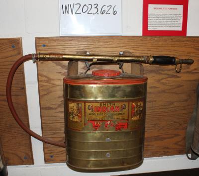Brass Metal Backpack Style Hand Pump Fire Extinguisher, Smith Indian No. 90 Fire Extinguisher, D.B. Smith & Company
