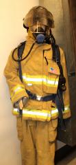 Yellow Denim Turnout Gear with Helmet, Breathing Apparatus, Coat, Walkie-Talkie, Pants, and Boots