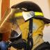 Yellow Denim Turnout Gear with Helmet, Breathing Apparatus, Coat, Walkie-Talkie, Pants, and Boots