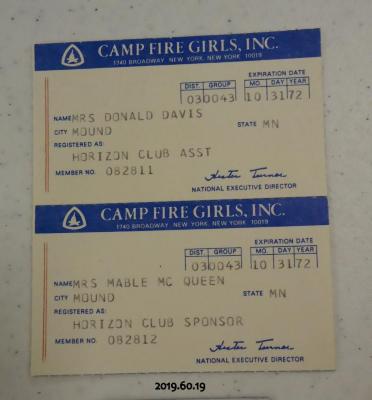 Camp Fire Girls Membership Cards