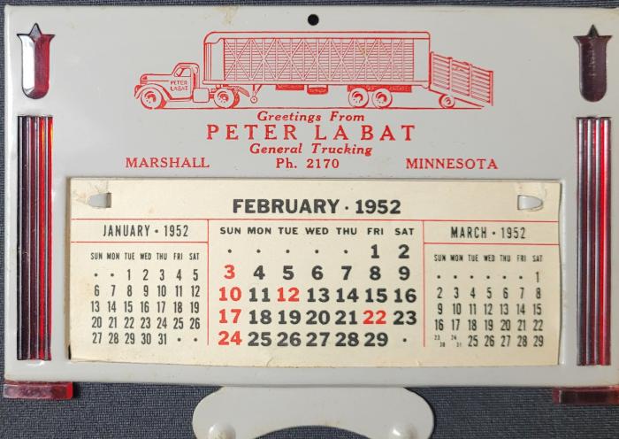 1952 Calendar from Peter Labat Trucking in Marshall