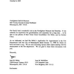 Minneapolis Fire Personnel Letter from Great Great Grandaughter of Ole Mitby