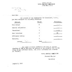 Minneapolis Fire Personnel Ole Mitby Civil Service Ltr Re Lieutenant Exam Results