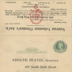 Veteran Volunteer Fireman's Association Invitation to 49th Anniversary Party 1917