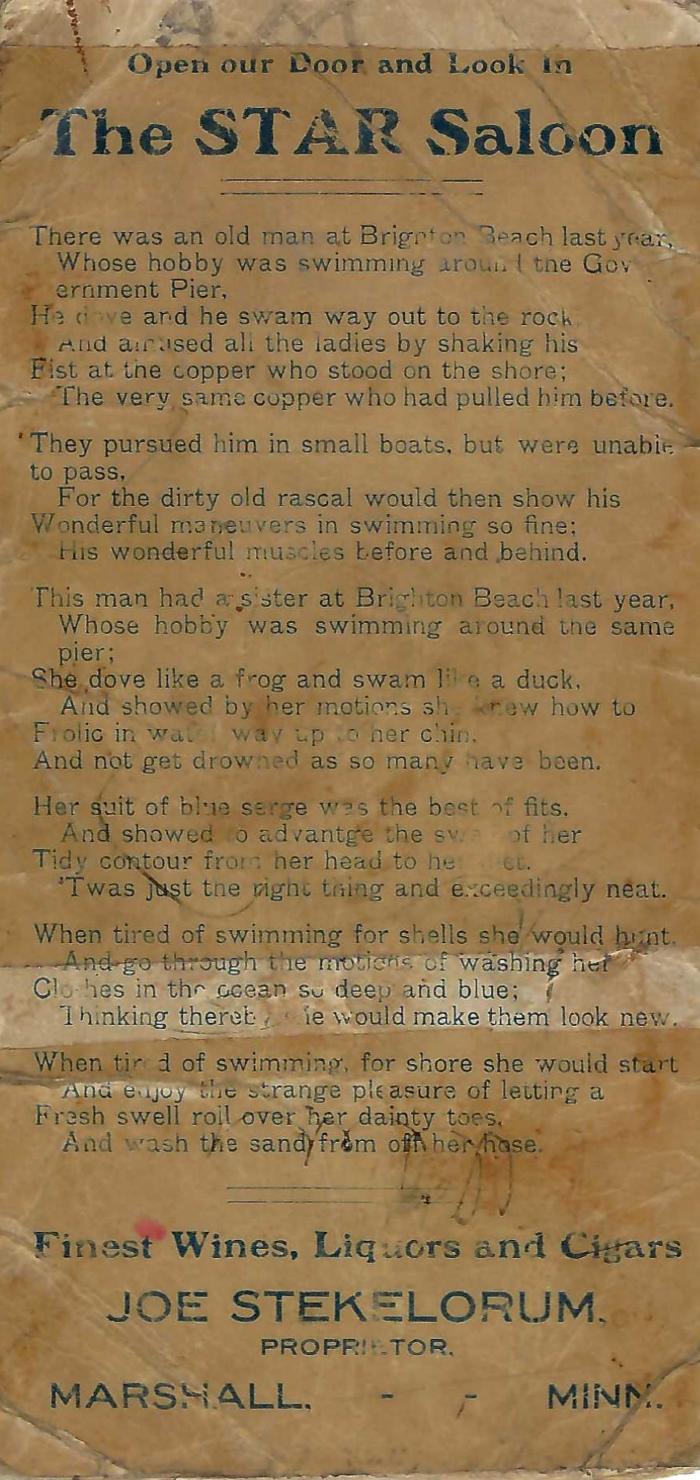 Advertisement for the Star Saloon, Marshall