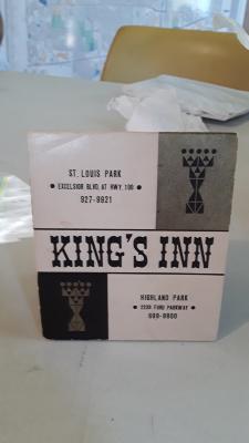 matchbook, Kings Inn, St. Louis Park Excelsior Blvd. at Hwy 100,  927-9921, Highland Park, 2239 Ford Parkway, 699-8800, with  matches inside, triangular design, 3 inches high.