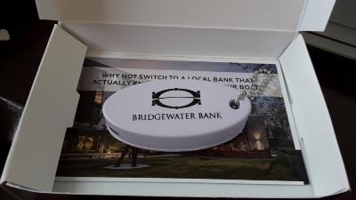 Bridgewater Bank advertising items, floating key chain in box with advertising.