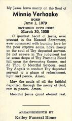 Prayer Card for Minnie Verhaake, June 1, 1879 - March 30, 1959