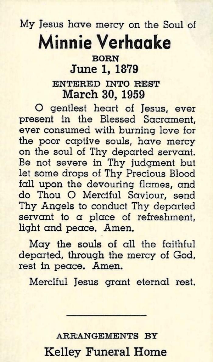 Prayer Card for Minnie Verhaake, June 1, 1879 - March 30, 1959