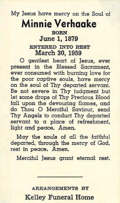 Prayer Card for Minnie Verhaake, June 1, 1879 - March 30, 1959