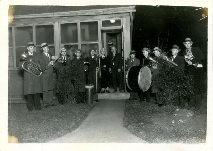 Henry and Bertha Dreyer 50th Anniversary, band outside their house 