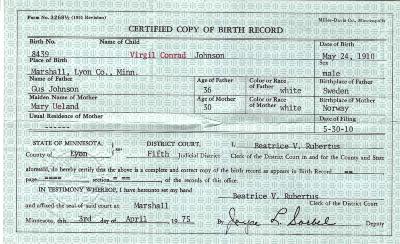 Birth Records for Virgil C. Johnson and Junice Larson