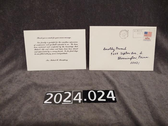Thank you card from Mrs. Hubert H. Humphrey to Dorothy Mamel April 19, 1978 with envelope 