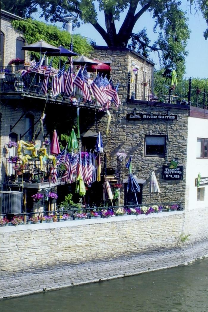 Froggy Bottoms patio decorated for the Fourth of July, Northfield, Minnesota