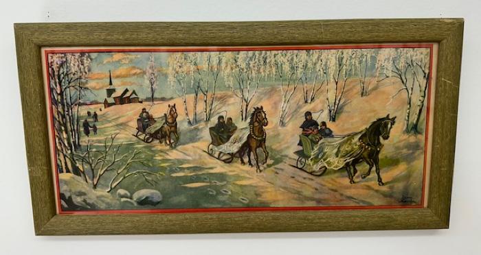 Christmas/Winter Scene with 3 Horse-Drawn Sleighs: Print