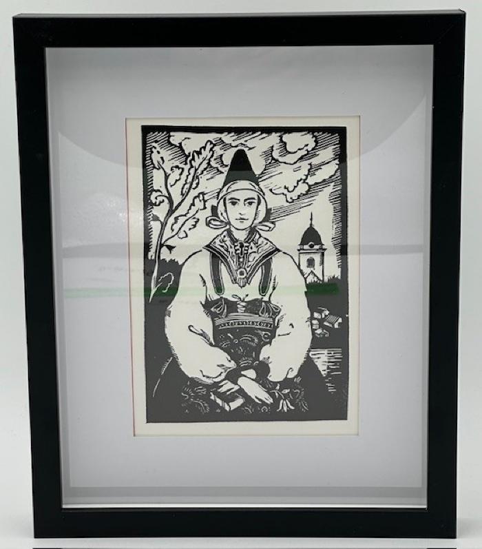 Black and White Wood Cut of Woman in Traditional Folkdräkt Holding a Bible: Postcard