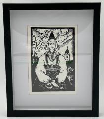 Black and White Wood Cut of Woman in Traditional Folkdräkt Holding a Bible: Postcard