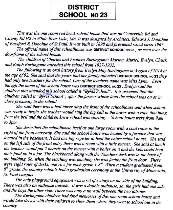 District School #23 history as transcribed from an oral interview with Evelyn May Burlingame, a student from 1928-1932