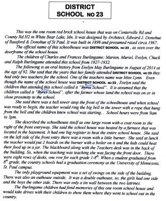 District School #23 history as transcribed from an oral interview with Evelyn May Burlingame, a student from 1928-1932