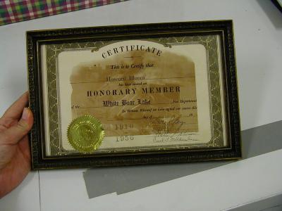 Howard Bloom's Honorary Membership Certificate for the White Bear Lake Fire Department
