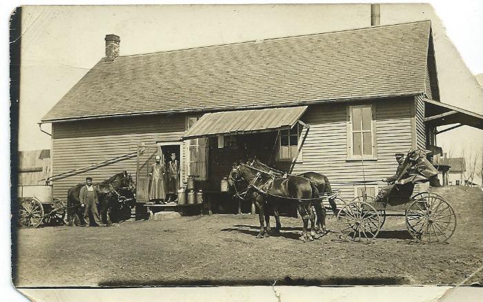 Postcard Photograph of cart outside Claremont Creamery
