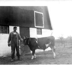 Photo of Charles Kramer with his prize bull