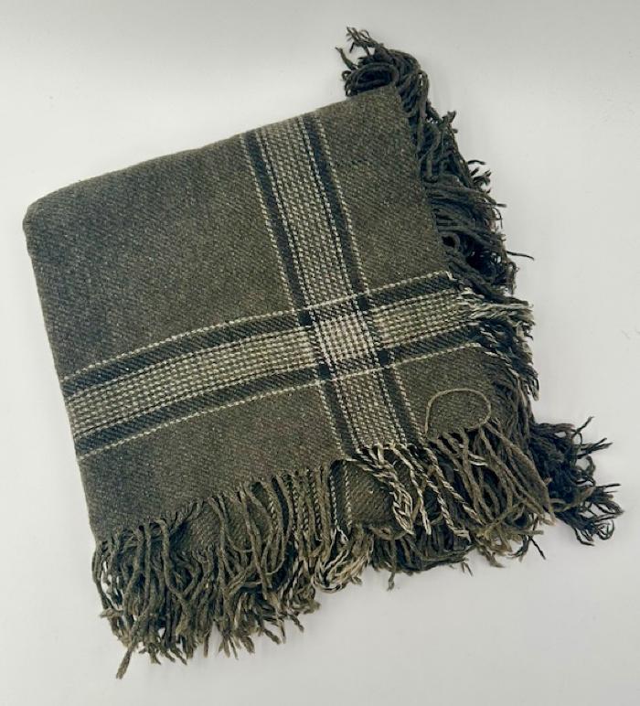 Grey Wool Shawl with White Woven Pattern and Fringe: Shawl