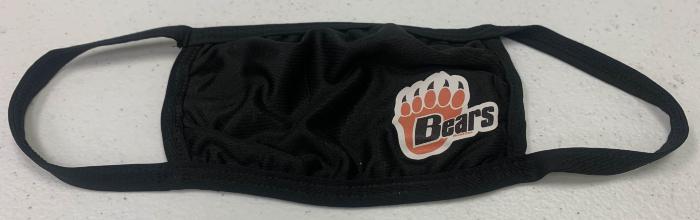COVID era face mask with a paw print and "Bears" in white, orange & black on black fabric
