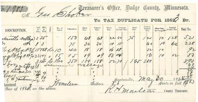 George Shober 1863 Property Tax receipt, Dodge County