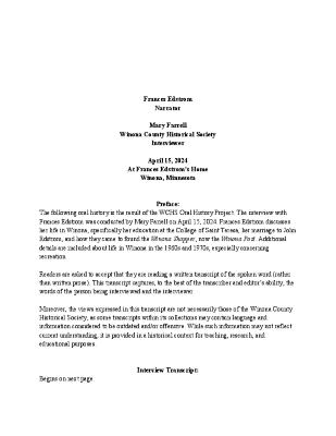 Oral History Interview with Frances Edstrom, Winona, Minnesota
