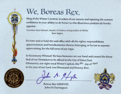 Certificate awarded to Sara Hanson from Boreas Rex, King of the Winter Carnival