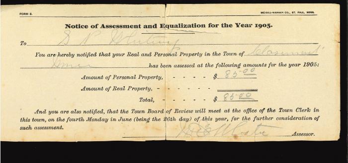 Notice of Assessment and Equalization for the Year 1905 to S.N. Whitney