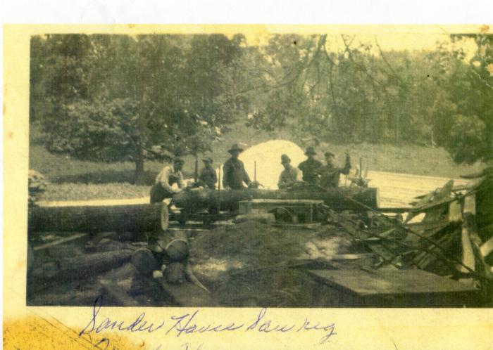 Photograph 6 men on Sander House saw rig