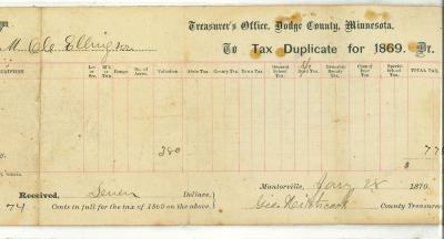 Ole Ellingson tax duplicate for 1869 signed by Geo. Hitchcock