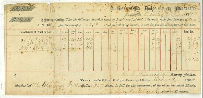 Ole Ellingson receipt 1869 signed by Geo. Hitchcock