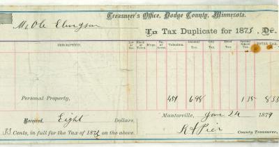 Ole Ellingson tax duplicate for 1873 signed by RA Pier