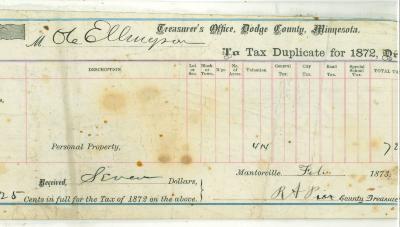 Ole Ellingson tax duplicate receipt for 1872