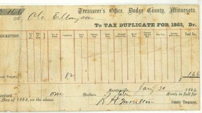 Ole Ellingson tax duplicate for 1863 