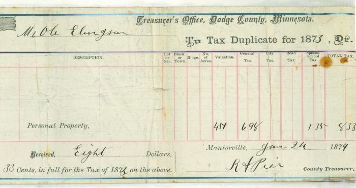 Ole Ellingson tax duplicate for 1873 signed by RA Pier
