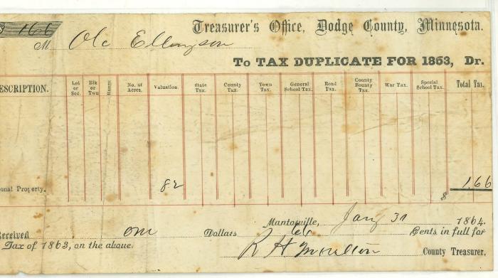 Ole Ellingson tax duplicate for 1863 