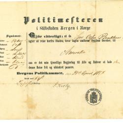 Document of passage from the Chief of Police in Bergen, Norway for Sjur Olson Breekhaus