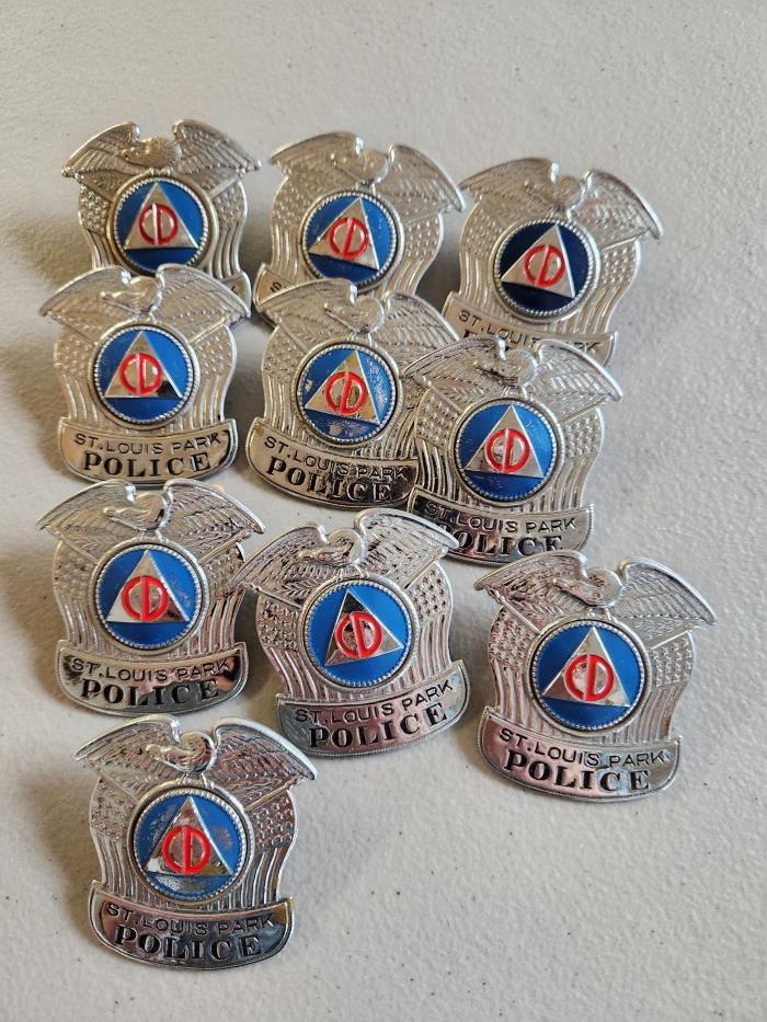 Metal Badge, St. Louis Park Police with Civil Defense Symbol, Eagle