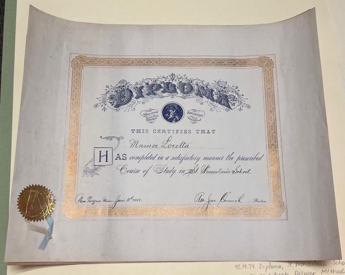 St. Wenceslaus Catholic School Diploma, New Prague, 1922
